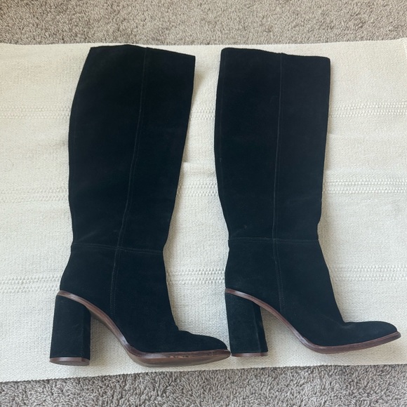 Vince Camuto black suede leather knee high block heel boots - Picture 2 of 11